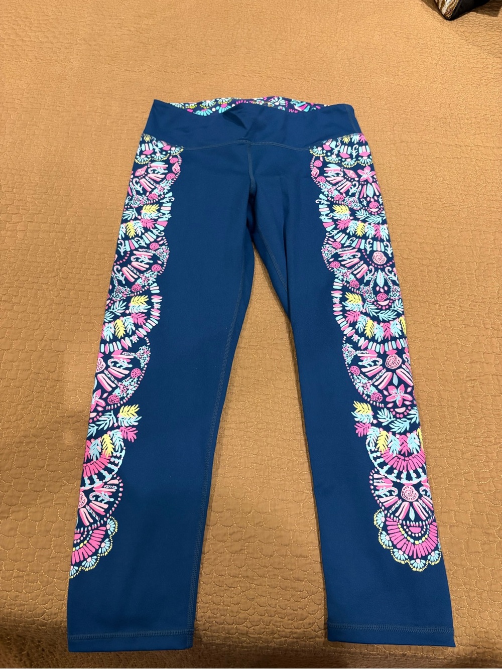 Lilly Pulitzer Luxetic Navy Leggings with Pink, Aqua & Yellow design